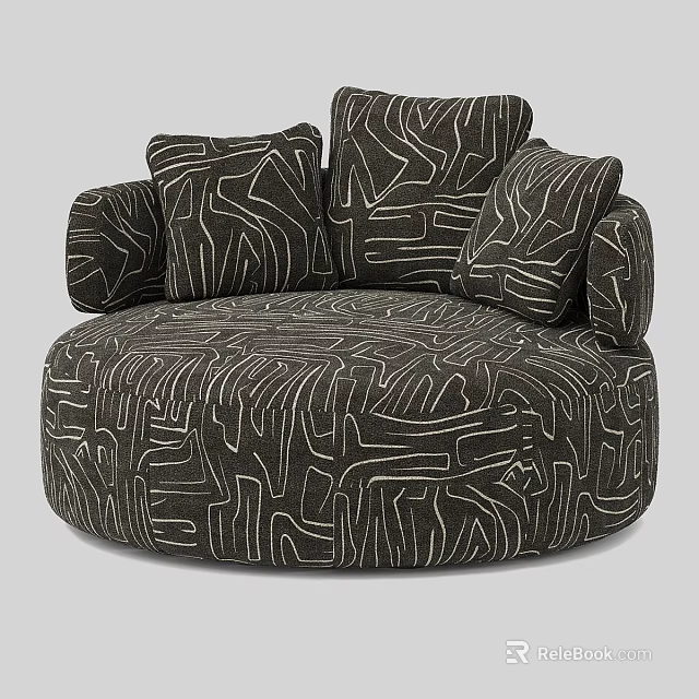 Black And White Abstract Line Pattern Circular Single Seater Sofa With Multiple Cushions 3d model