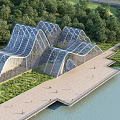 Modern Wavy Glass Structure Waterfront Boardwalk With Green Trees And Visitors