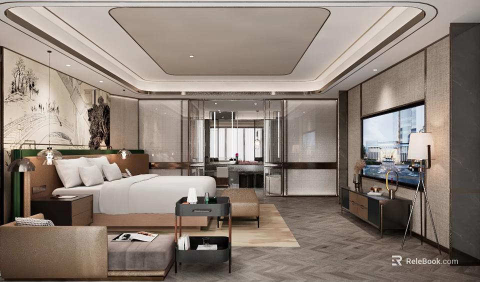 Hotel Room Interior With King Bed Sofa Seating Flat Screen TV And Natural Light 3d model