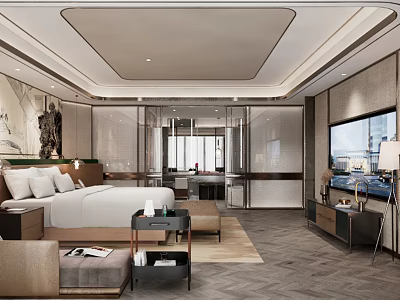 Hotel Room Interior With King Bed Sofa Seating Flat Screen TV And Natural Light 3d model