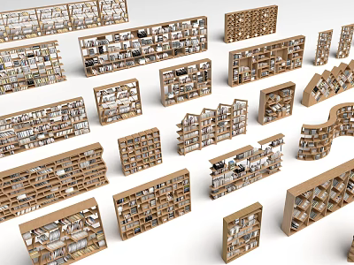 Multiple Stylish Wooden Bookcases With Open Designs And Shelves For Books And Decor 3d model