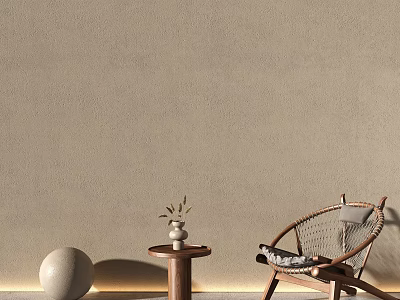 Beige Wall Paneling Interior with Woven Rattan Chair Small Round Table and Decorative Accents 3d model
