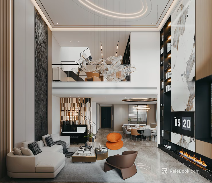 Modern Loft Living Room Interior With Stylish Decor And Fireplace 3d model