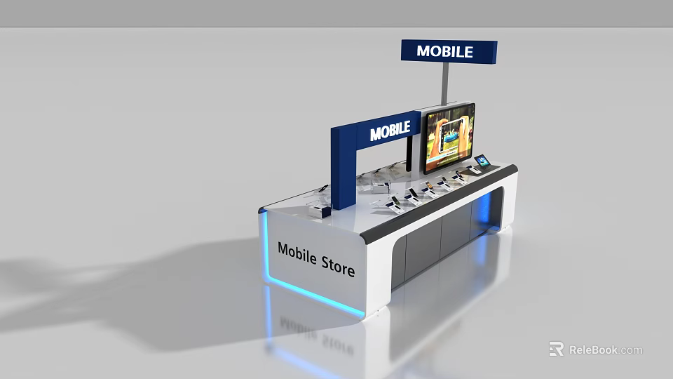 Modern Mobile Store Display Counter With Blue Lighting And Phone Displays 3d model 