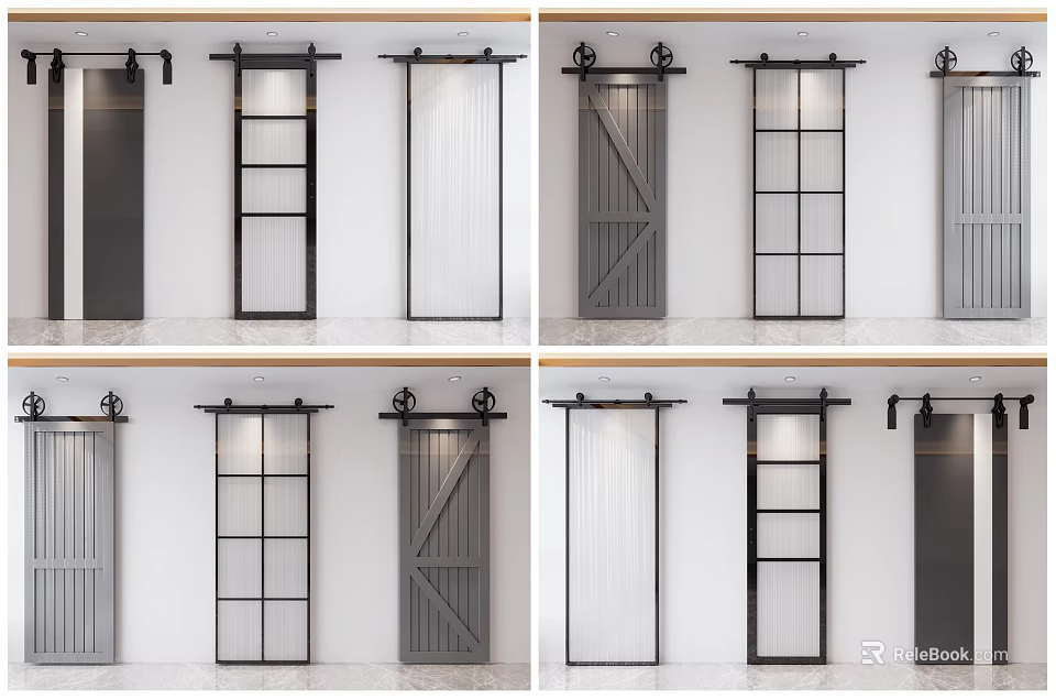 Modern Sliding Barn Doors With Metal Frames Glass And Wooden Panels Design 3d model 