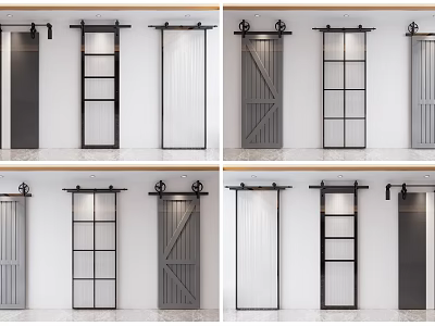 Modern Sliding Barn Doors With Metal Frames Glass And Wooden Panels Design 3d model