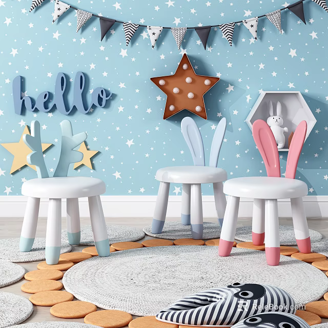 Adorable Children's Chairs Featuring Rabbit Ears Starry Blue Wall Hello Sign And Soft Carpet 3d model 