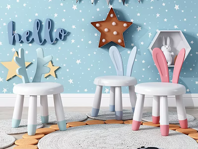 Adorable Children's Chairs Featuring Rabbit Ears Starry Blue Wall Hello Sign And Soft Carpet 3d model