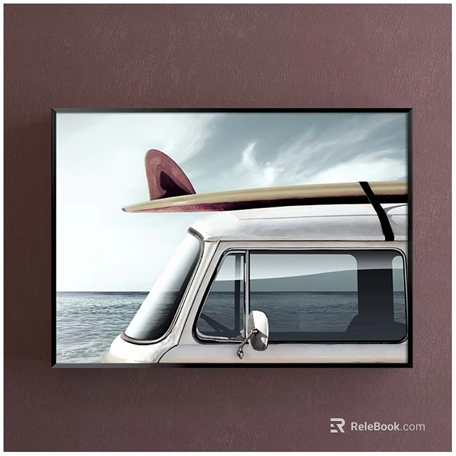 White Van With Surfboard On Roof Against Ocean And Sky View 3d model 