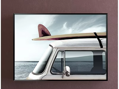 White Van With Surfboard On Roof Against Ocean And Sky View 3d model
