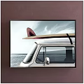 White Van With Surfboard On Roof Against Ocean And Sky View