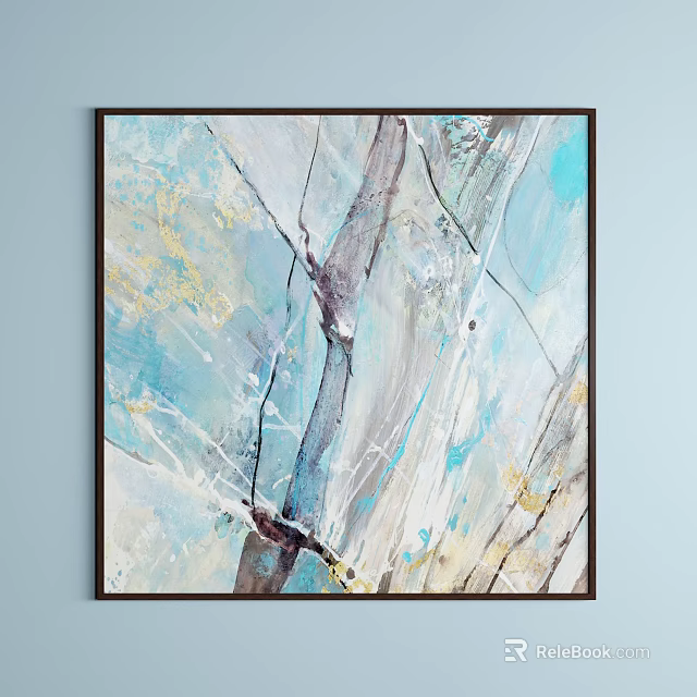 Abstract Painting With Blue White Gray Gold Tones And Fluid Brushstrokes 3d model 