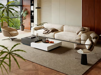 Modern Living Room Interior With Beige Sofa Armchair Coffee Table Rug And Green Plants 3d model