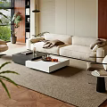 Modern Living Room Interior With Beige Sofa Armchair Coffee Table Rug And Green Plants