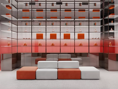 Stylish Modern Interior Featuring Orange White Sofas And Glass Metal Shelves With Orange Items 3d model