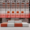 Stylish Modern Interior Featuring Orange White Sofas And Glass Metal Shelves With Orange Items