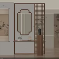 Chinese Style Entryway Hallway With Wooden Partition Mirror Scroll Painting And Green Plant