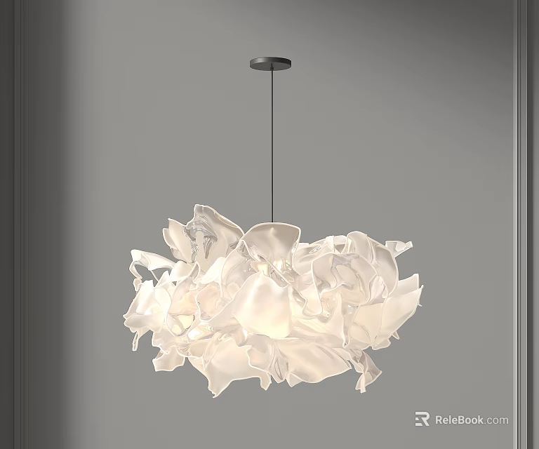 Elegant Modern White Flower Shaped Chandelier Hanging In Grey Interior Room 3d model 