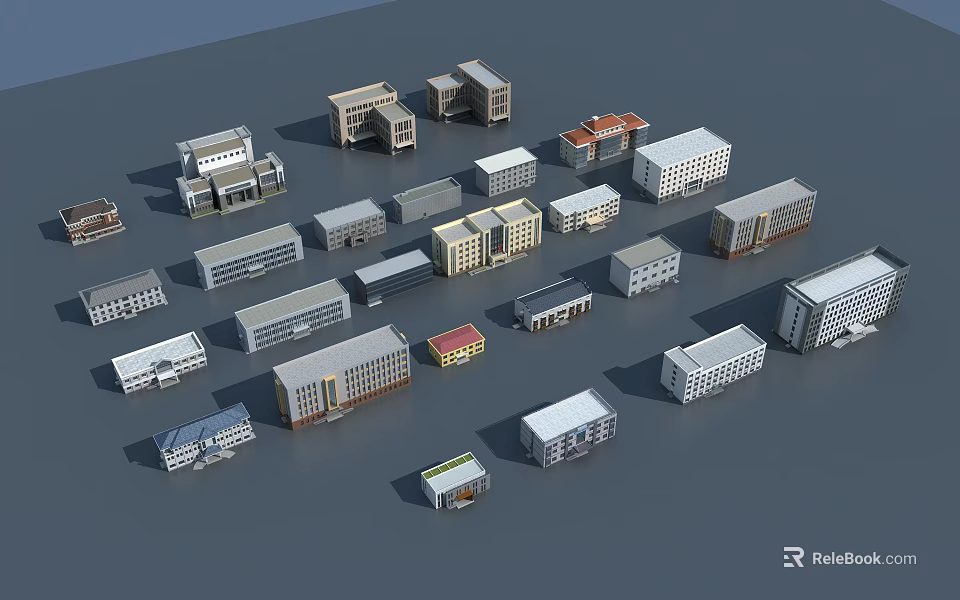 Various Office Building Models With Different Designs And Styles Arranged In 3d model 