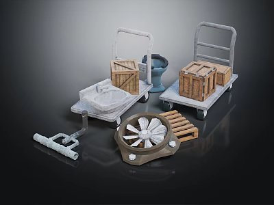 Industrial Hand Trucks With Wooden Crates Fan Part And Pallet Tools 3d model