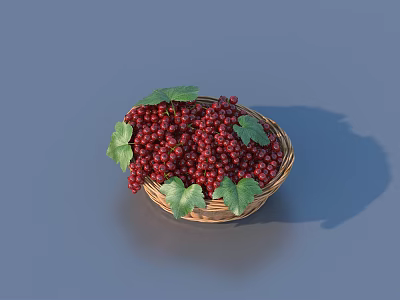 Fresh Red Currants in Woven Basket with Green Leaves on Blue Background 3d model