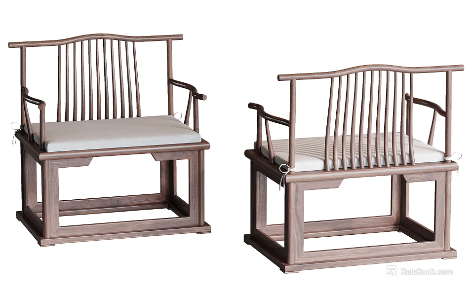 Chinese Style Wooden Leisure Chairs With Slat Back And Padded Seats 3d model 