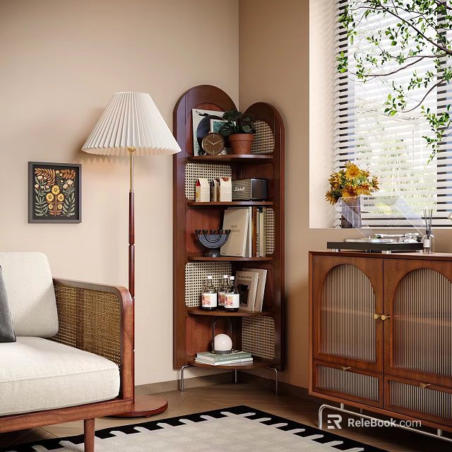Wooden Corner Storage Shelf in Cozy Living Room With Books Decorations and Green Plants 3d model