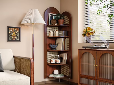 Wooden Corner Storage Shelf in Cozy Living Room With Books Decorations and Green Plants 3d model