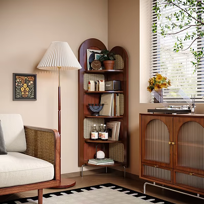 Wooden Corner Storage Shelf in Cozy Living Room With Books Decorations and Green Plants 3d model