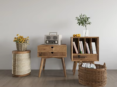 Wooden and Wicker Side Tables with Natural Style Decor Including Flowers Radio Plant and Books 3d model