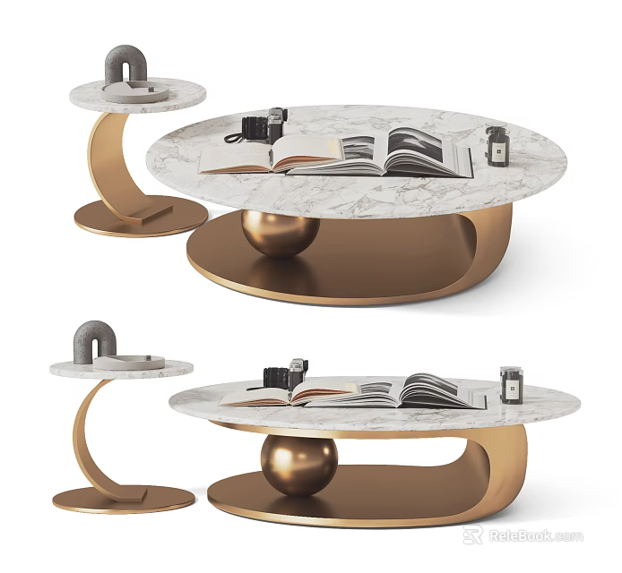 Modern Elegant Coffee Table With Marble Top Gold Ball Base Open Book Camera Side Table 3d model