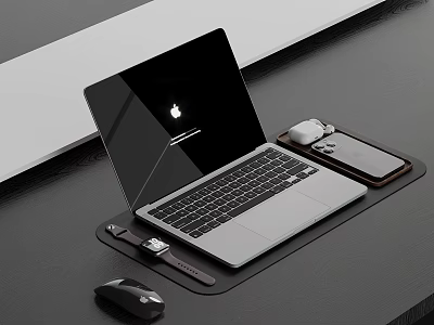 Modern MacBook Laptop Setup With Mouse Phone And Watch On Desk 3d model