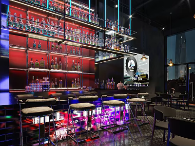 Modern Bar Interior With Red Black Shelves Neon Lights Bar Counter And Stools 3d model