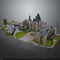 Medieval Stone Castle Architecture With Multiple Towers Spires Courtyard And Green Areas