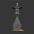 Traditional Stone Lantern Featuring Multi Layer Pedestal And Blue Decoration On Yellow Mat