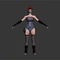 Red Haired Masked Female Game Movie Character With Blue Bodysuit Black Gloves And Waist Device