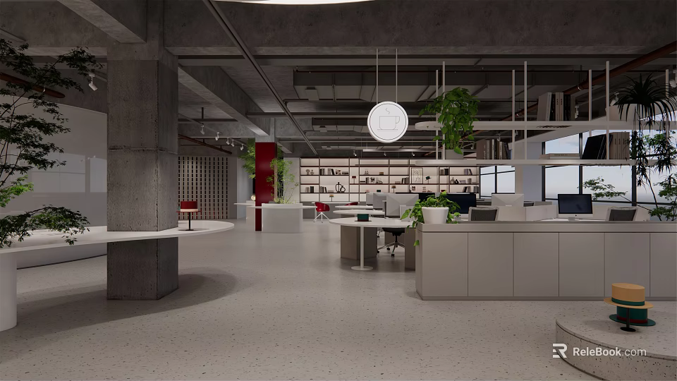 Modern Open Public Office Space With Concrete Hanging Lights Green Plants Work Desks And Bookshelves 3d model 