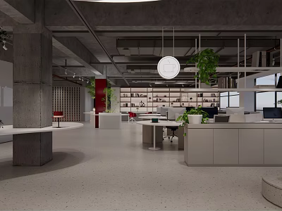 Modern Open Public Office Space With Concrete Hanging Lights Green Plants Work Desks And Bookshelves 3d model
