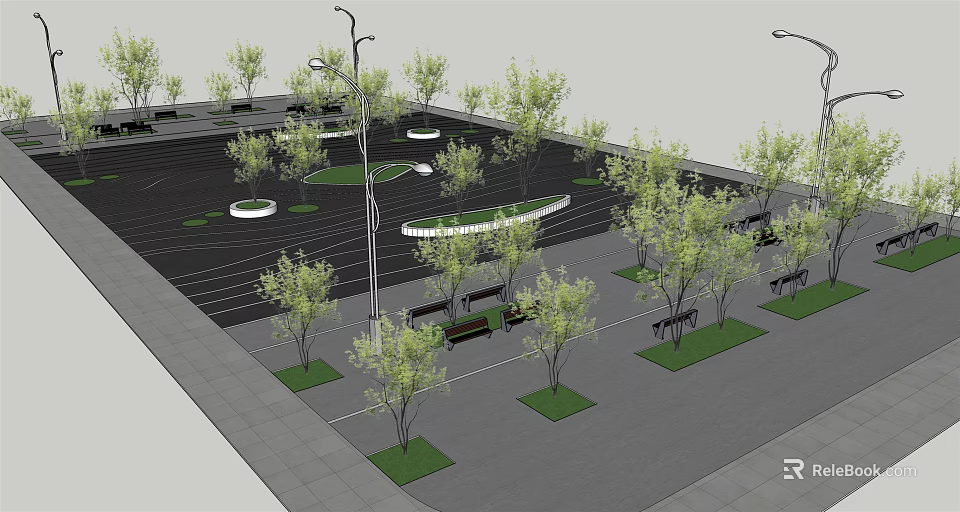 Urban Park Design Featuring Green Trees Benches Street Lamps And Paved Paths 3d model 