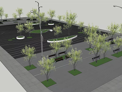Urban Park Design Featuring Green Trees Benches Street Lamps And Paved Paths 3d model