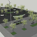 Urban Park Design Featuring Green Trees Benches Street Lamps And Paved Paths