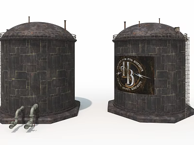 Industrial Metal Tanks with Top Structures Bottom Pipes and Right Side Logo 3d model