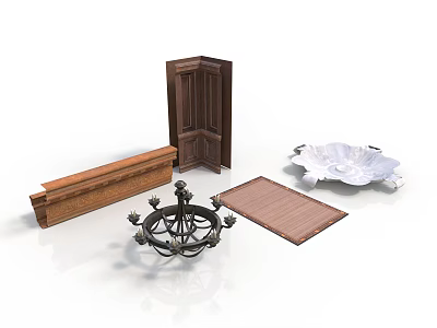 Assorted Home Decor Items Including Wooden Door Bench Rug Chandelier And Plate 3d model