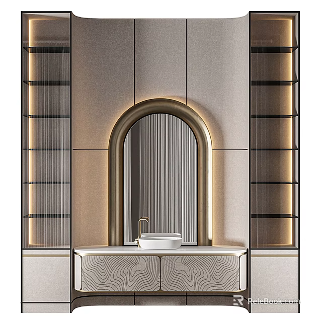Elegant Modern Bathroom Vanity with Arched Mirror Lighting and Wood Grain Cabinets 3d model 