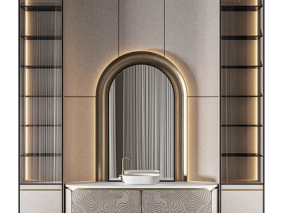 Elegant Modern Bathroom Vanity with Arched Mirror Lighting and Wood Grain Cabinets 3d model