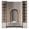 Elegant Modern Bathroom Vanity with Arched Mirror Lighting and Wood Grain Cabinets