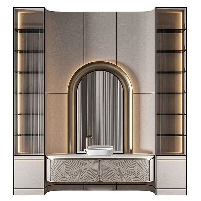 Elegant Modern Bathroom Vanity with Arched Mirror Lighting and Wood Grain Cabinets 3d model