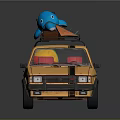 Yellow Car With Blue Shark Doll And Orange Surfboard On Roof Red Interior Black Stripes