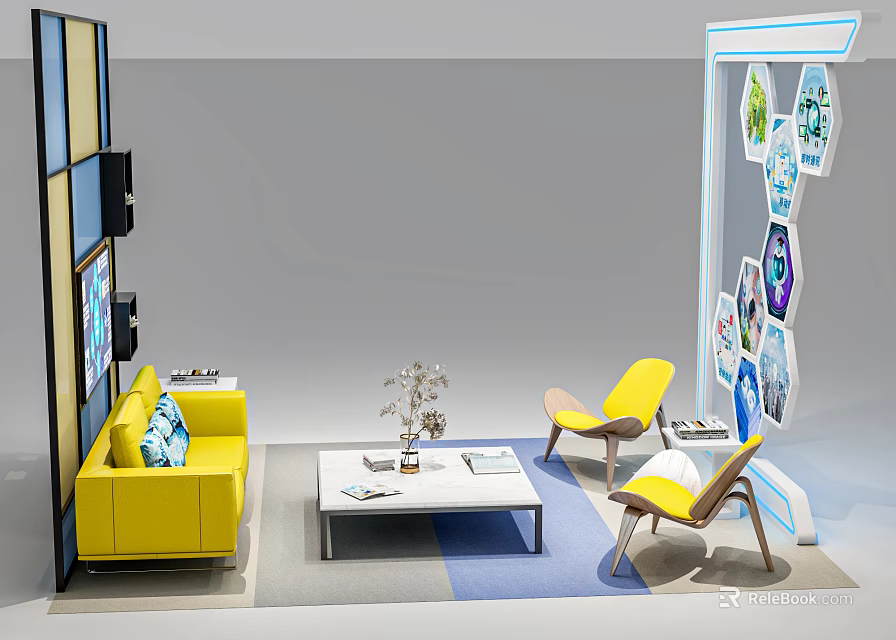 Modern Yellow Sofa And Coffee Table Set With Decorative Vase Magazines And Yellow Chairs 3d model 