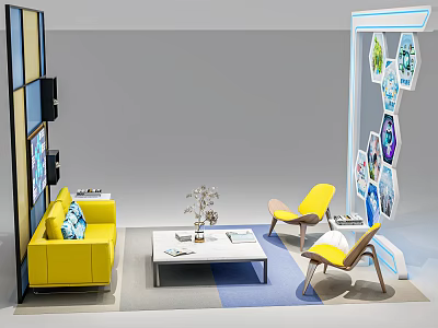 Modern Yellow Sofa And Coffee Table Set With Decorative Vase Magazines And Yellow Chairs 3d model